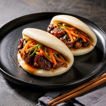 Steamed bao buns split open with pickled vegetables