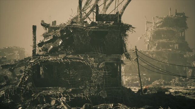 Overgrown factory ruins at dusk showing moss and vines, corroded steel and broken platforms colonized by vegetation, quiet investigative mood with field notes