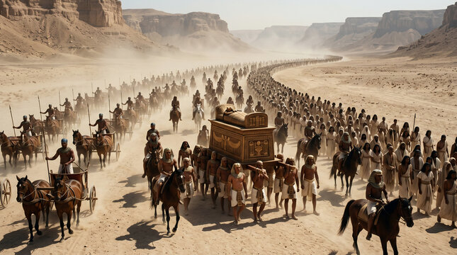A massive, solemn Egyptian funeral procession carrying the embalmed body of Jacob back to Canaan to be buried in the cave of Machpelah