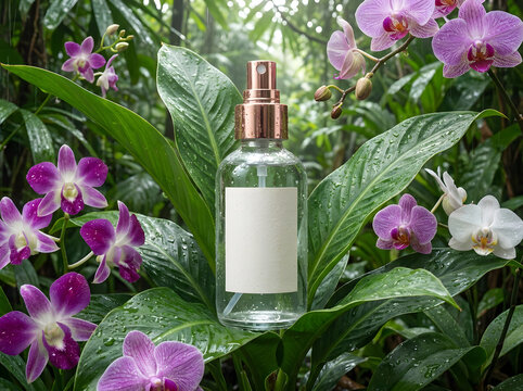 Spray perfume bottle placed among exotic blooming orchids in tropical North America.