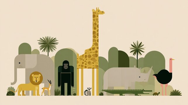 Geometric vector safari animal illustration with central spotted yellow giraffe, elephant lion gorilla gazelle lemur rhino crocodile turtle and ostrich, stylized green trees palm bushes, muted earth t