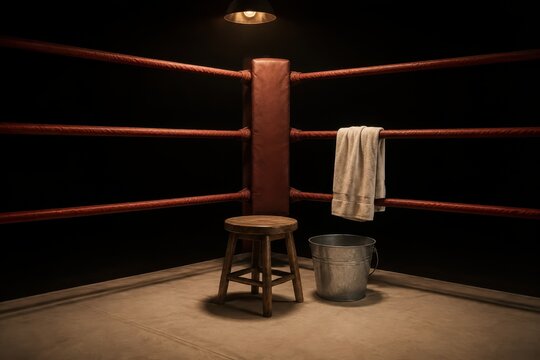 Boxing ring corner with a wooden stool and galvanised water bucket