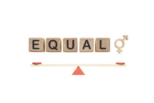 Gender equality concept with wooden blocks. Equal rights and balance scale illustration. Human rights and social justice metaphor.