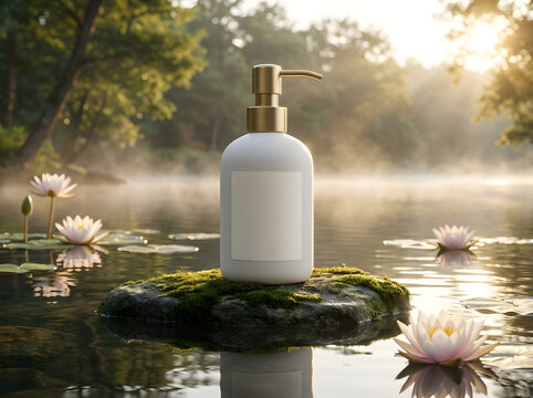 White cosmetic bottle floats on mossy rock water lilies North America.