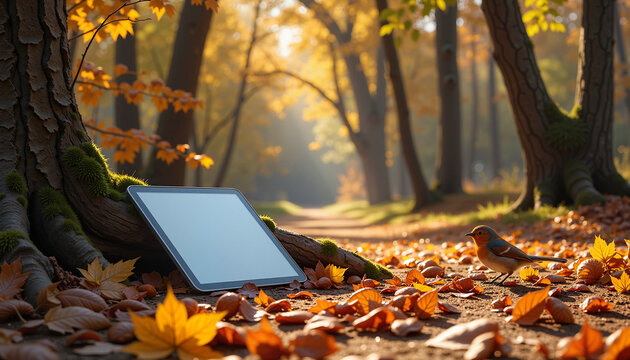 tablet resting on ground covered with autumn leaves, small bird exploring the scene in a tranquil forest path, concept nature and technology integration