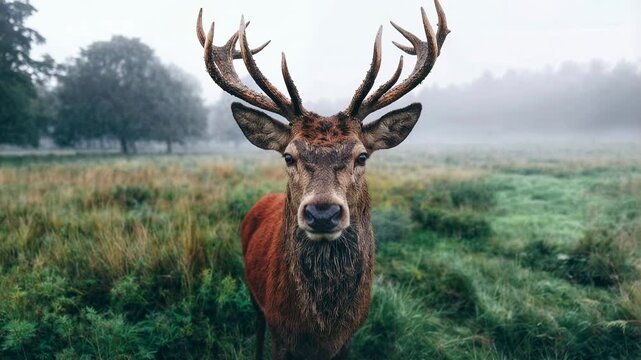 Majestic stag with large antlers stands in a misty field during autumn