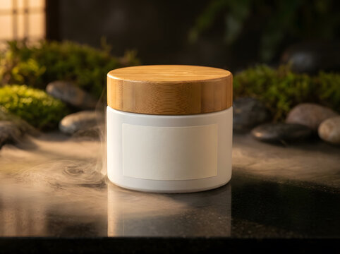 White cream jar with wood lid on dark surface smoke North America.