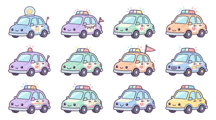 Cute Kawaii Police Cars Collection, Cartoon Vector Icons, Isolated Transparent Background © Titip