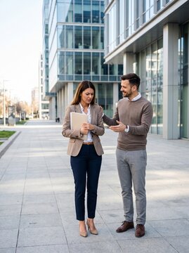 Supportive man encouraging his nervous female colleague holding documents before a business meeting outside a modern corporate building
