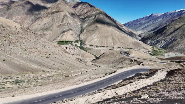 Zanskar, India : Panoramic footage of the newly built mountain road in Purne, remote place in Zanskar valley of Ladakh, Indian himalayas between Padum and Darcha