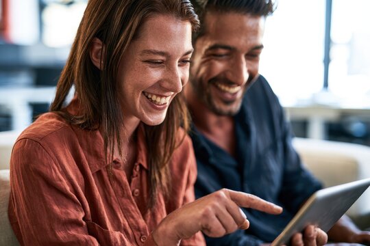 Cheerful couple using a digital tablet together, laughing and pointing at the screen while sitting in a bright and comfortable living room setting
