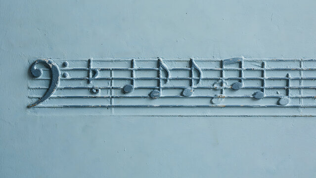 Blue concrete wall with carved relief of musical staff and notes