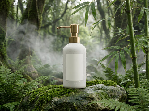 White dispenser bottle on mossy stone in dense foggy bamboo forest of North America.
