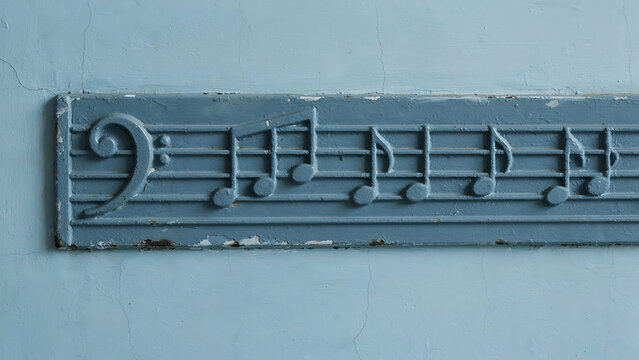 Textured light blue wall featuring sculpted bass clef and music staff