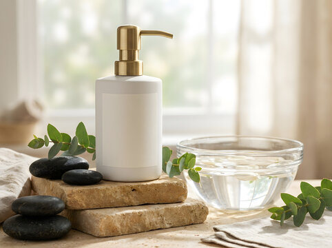 White pump bottle with gold dispenser, spa setting with stones and water.