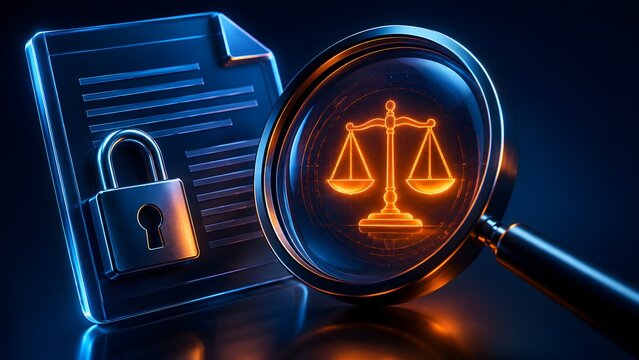 Digital document security and legal compliance explored with a magnifying glass revealing the scales of justice, symbolizing law and order.