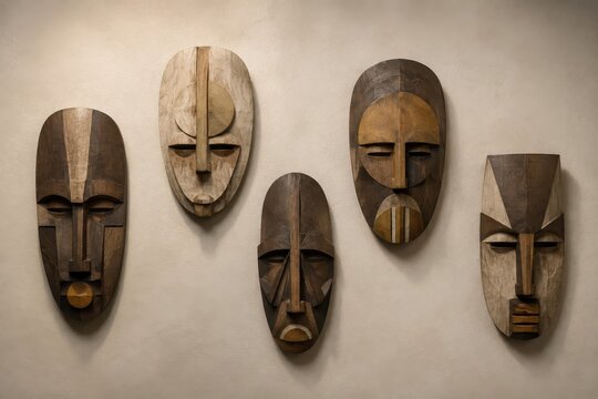 Carved wooden ceremonial masks displayed on a plain wall