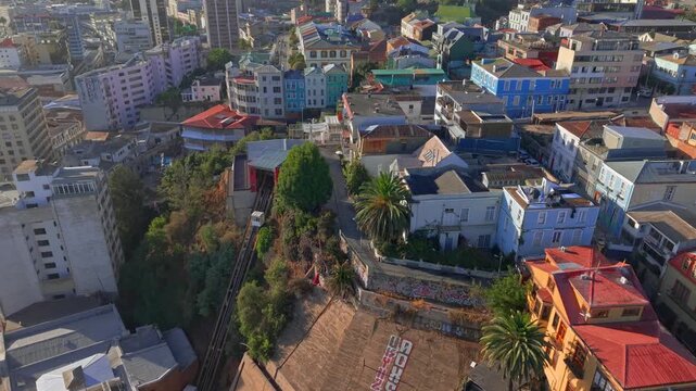 Aerial view of colorful buildings and funicular railway on hillside in Valparaiso Chile.
