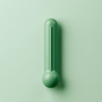 The soft clay 3d render shows a matte thermometer placed against a green background indicating a comfortable temperature without numbers.