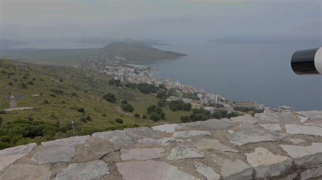 Panoramic High Angle View of Saranda Coastal City and Ionian Sea from Lekuresi Castle Hill in Albania