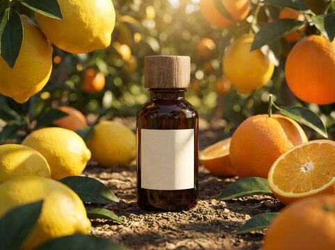 Amber bottle with blank label in citrus orchard for organic skincare in North America.