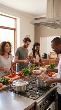 Diverse group of young friends laughing and preparing a healthy dinner together in a modern home kitchen