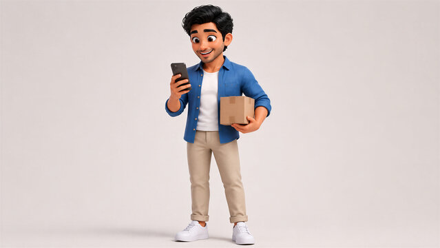 Happy Man Receiving an Ecommerce Delivery Package with Smartphone