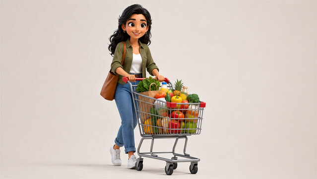 Cute 3D Woman with Shopping Cart Full of Fresh Fruits and Vegetables