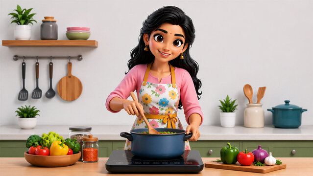 Cute 3D Indian Woman Cooking a Healthy Homemade Meal with Fresh Vegetables