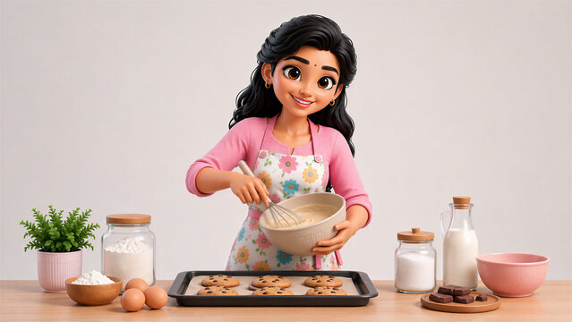 Happy 3D Woman Preparing Homemade Cookies in a Modern Kitchen