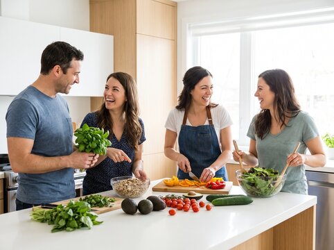 Happy friends preparing a healthy meal and laughing together in a modern kitchen
