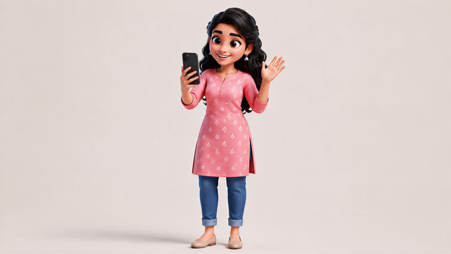 3D Young Indian Woman Using Smartphone and Waving in a Friendly Greeting