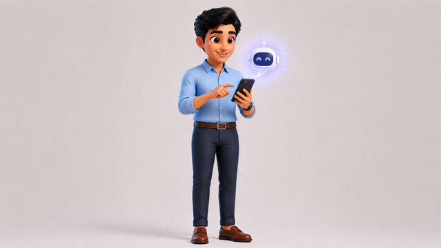 Young Indian Man Using Mobile AI Chatbot Assistant for Smart Digital Communication
