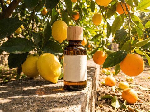 Amber oil bottle on stone wall in sunlit lemon and orange grove of North America lot.