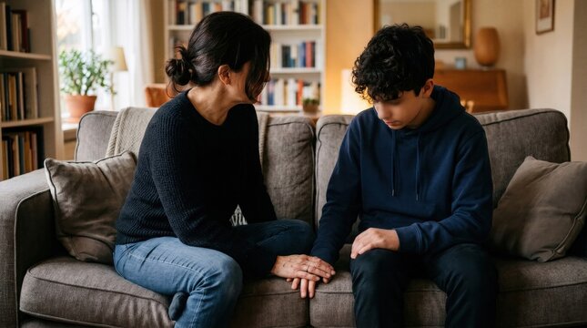 Woman comforting sad teenage boy on sofa at home. Mother supporting depressed son with empathy and care. Mental health, adolescent anxiety, family trust and wellbeing concept