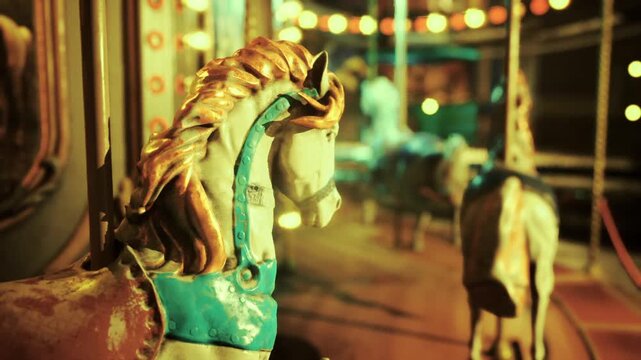Closeup carousel horse with soft glow, sunlit paintwork, pastel tones, visible brushstrokes and glossy finish, tight crop on saddle and mane, playful fairground