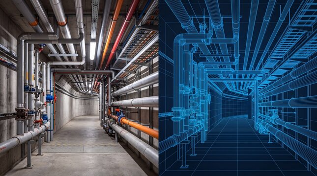 Intricate pipe systems showcase a blend of practical engineering and modern design in industrial environments.