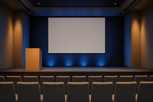 Conference stage with a lectern and a blank presentation screen
