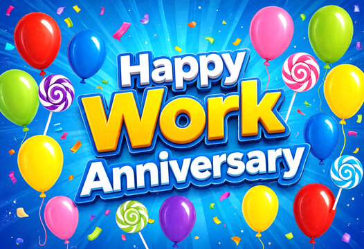 Colorful happy work anniversary celebration with balloons and lollipops on bright background
