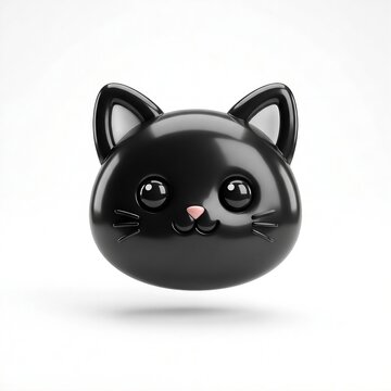 Cute 3D glossy black cat head icon isolated on white background