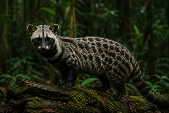 Wild African civet on mossy log in dim rainforest, spotted coat and dark face mask, wildlife and nature concept