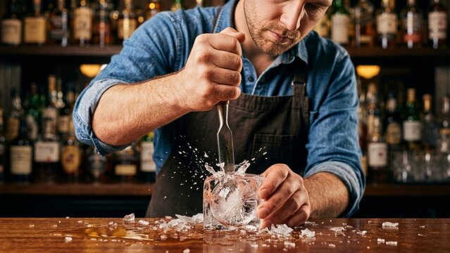 Bartender carving a large clear ice cube with a chisel on a wooden bar counter inside a dimly lit pub with shelves of liquor bottles in the background for craft cocktail preparation