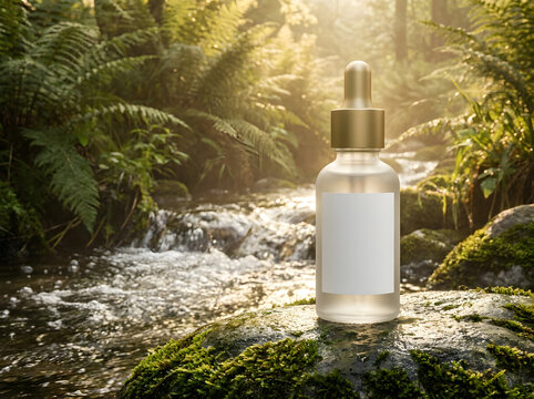 Blank cosmetic dropper bottle on wet mossy stone near north america forest stream.
