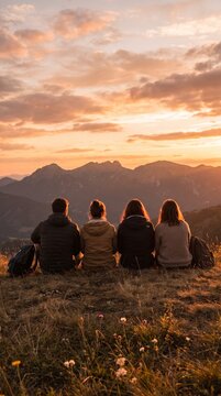 Group of friends sitting on a mountain summit and watching the sunset