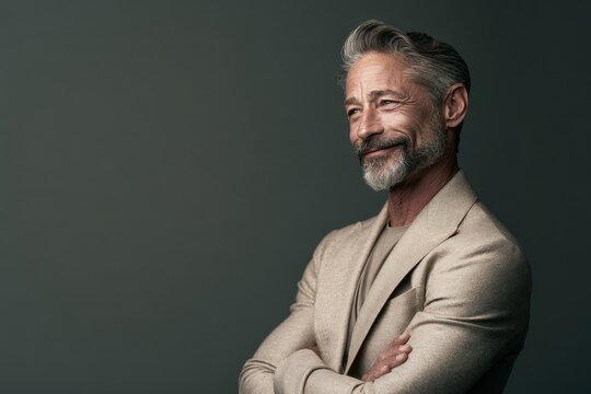 Portrait of a sophisticated middleaged man with gray hair and beard in a beige blazer