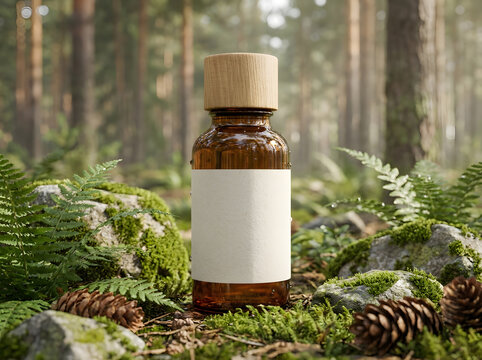 Brown glass medicine bottle mockup with wooden lid placed in north america lush forest.