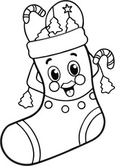 Fototapeta premium Cute christmas stocking character with candy canes, black and white coloring page