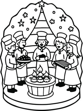 Group of festive chefs preparing holiday treats in a decorated kitchen