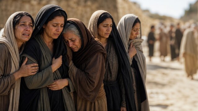 Group of women in headscarves weeping and embracing on roadside. Daughters of Jerusalem mourning Jesus on way to crucifixion. Biblical reenactment and Easter sorrow concept