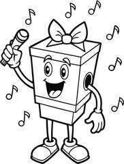 Naklejka premium Cute cartoon gift box character singing with a microphone, coloring page